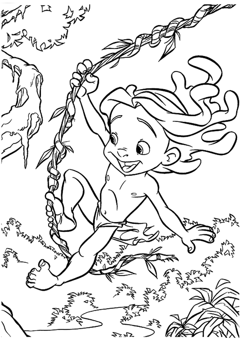 dla dzieci kolorowanka Tarzan Początek legendy Disney, obrazek z małym Tarzanem na lianie, malowanka do wydruku i pokolorowania numer 6